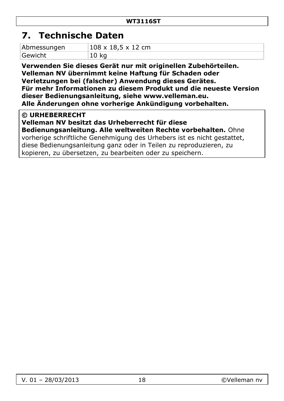 Technische daten | Velleman WT3116ST User Manual | Page 18 / 20