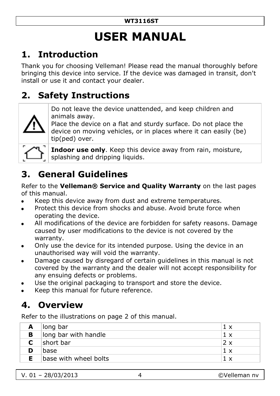 User manual, Introduction, Safety instructions | General guidelines, Overview | Velleman WT3116ST User Manual | Page 4 / 20