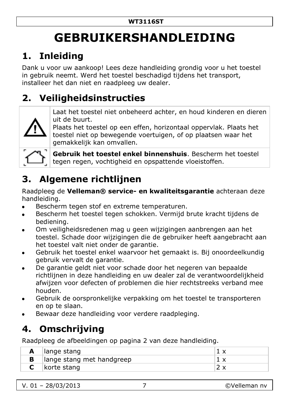 Gebruikershandleiding, Inleiding, Veiligheidsinstructies | Algemene richtlijnen, Omschrijving | Velleman WT3116ST User Manual | Page 7 / 20