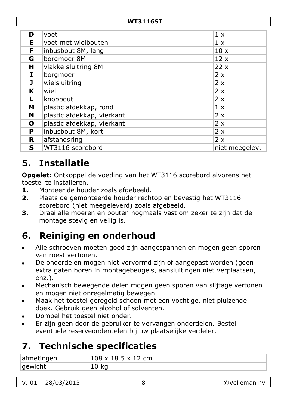 Installatie, Reiniging en onderhoud, Technische specificaties | Velleman WT3116ST User Manual | Page 8 / 20