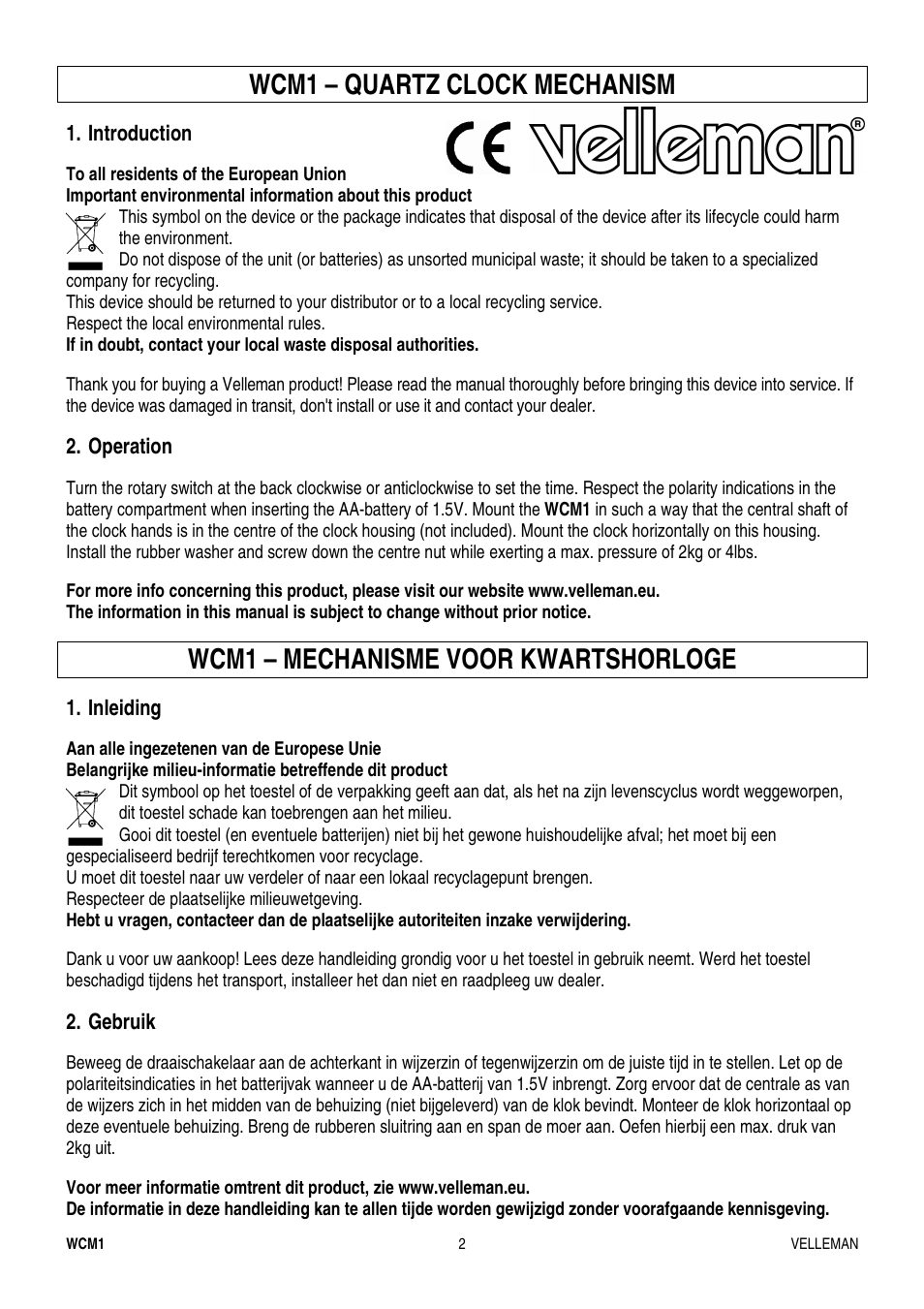 Wcm1 – quartz clock mechanism, Wcm1 – mechanisme voor kwartshorloge, Introduction | Operation, Inleiding, Gebruik | Velleman WCM1 User Manual | Page 2 / 4