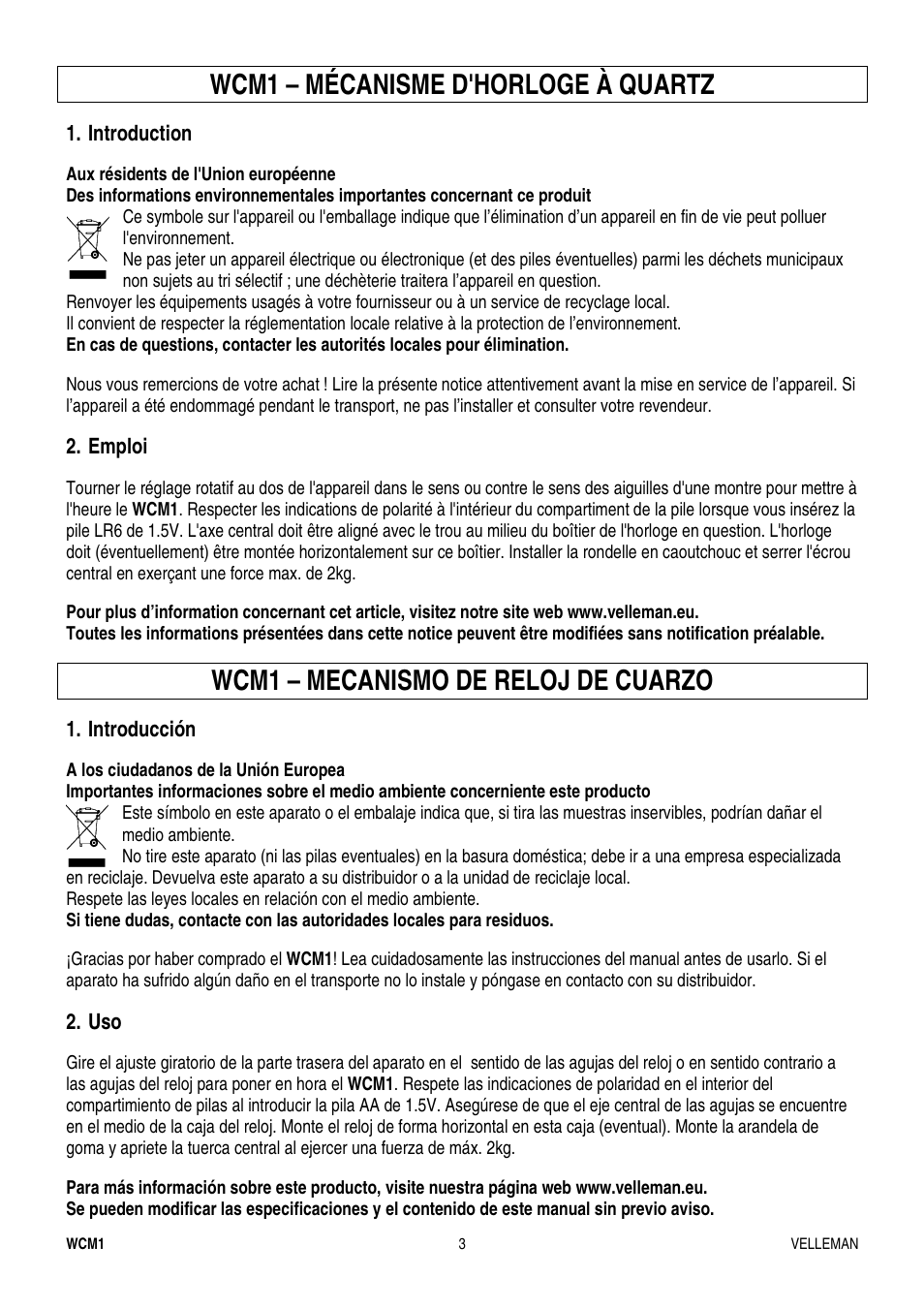 Wcm1 – mécanisme d'horloge à quartz, Wcm1 – mecanismo de reloj de cuarzo, Introduction | Emploi, Introducción | Velleman WCM1 User Manual | Page 3 / 4