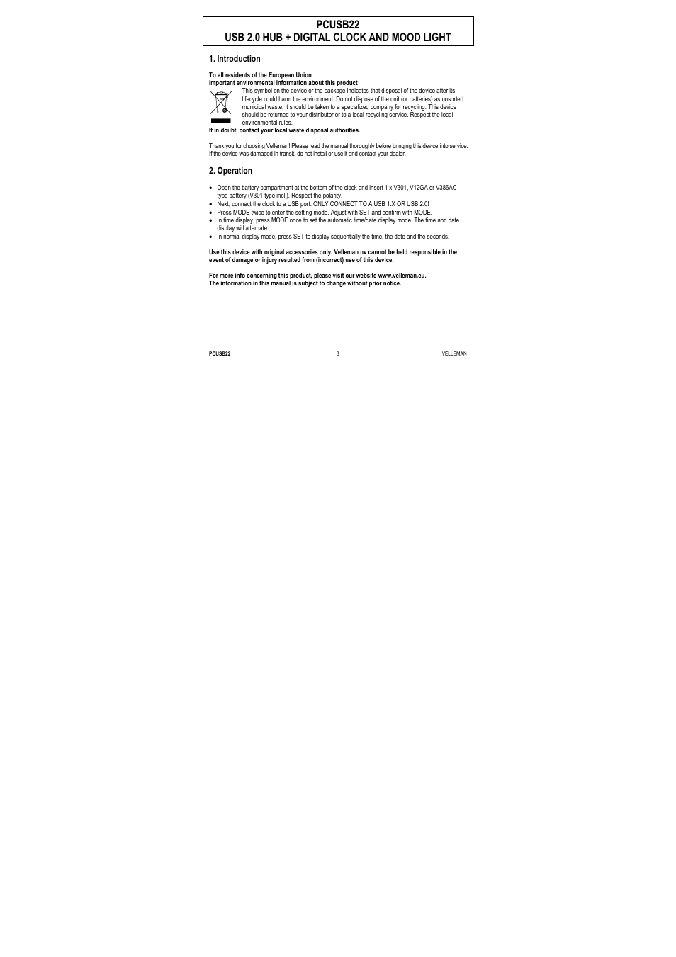 Pcusb22 usb 2.0 hub + digital clock and mood light | Velleman PCUSB22 User Manual | Page 3 / 8