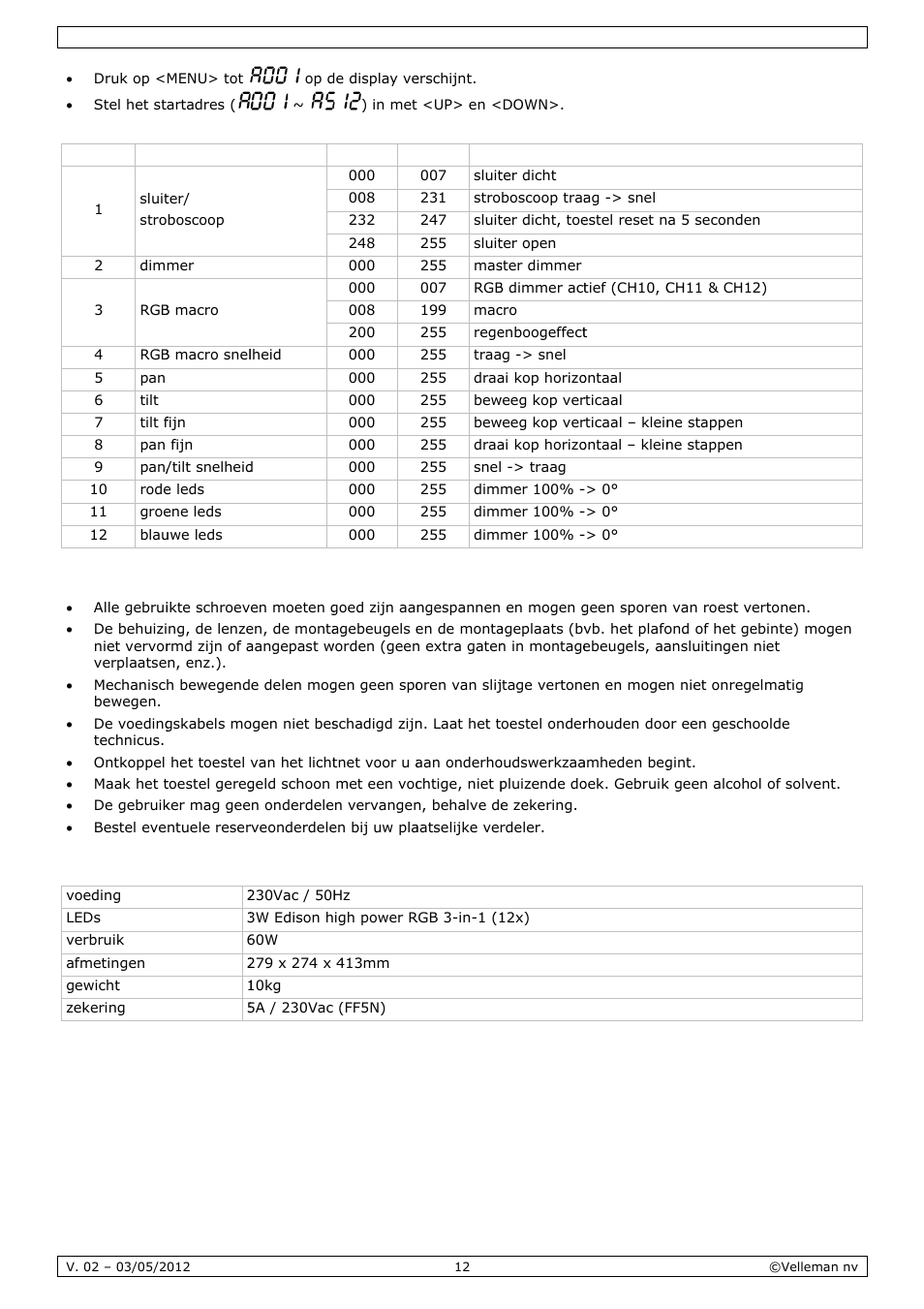 Reini, Tech, Iging en | Nische s, Onderho, Specificat, Ties | Velleman VDPL1503MHW12 User Manual | Page 12 / 28