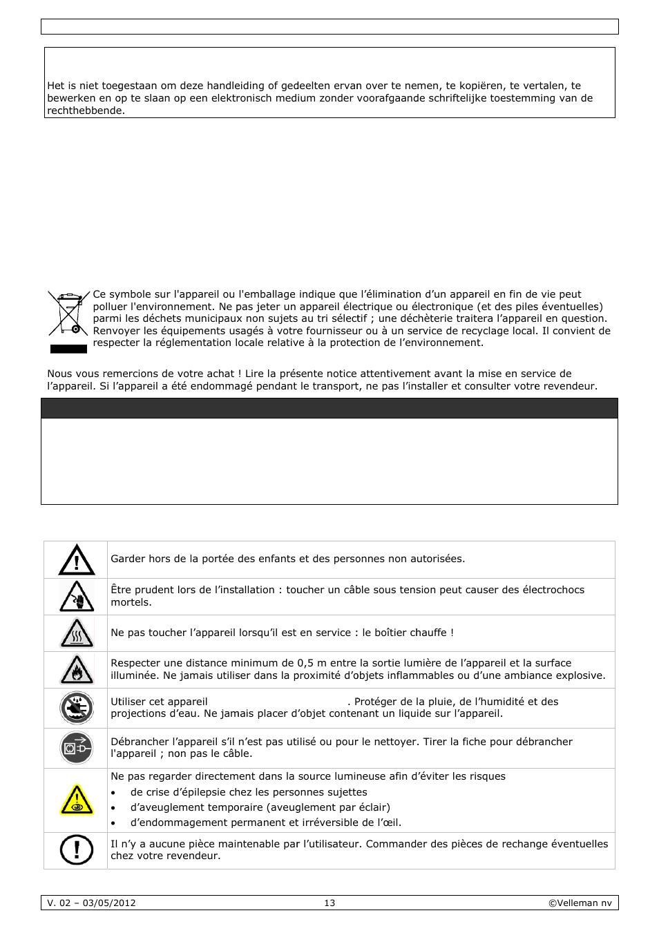 Notice d'emploi, Notic, Ce d’em | Mploi, Intro, Cons, Oduction, Signes de, E sécurit, Vertisse | Velleman VDPL1503MHW12 User Manual | Page 13 / 28