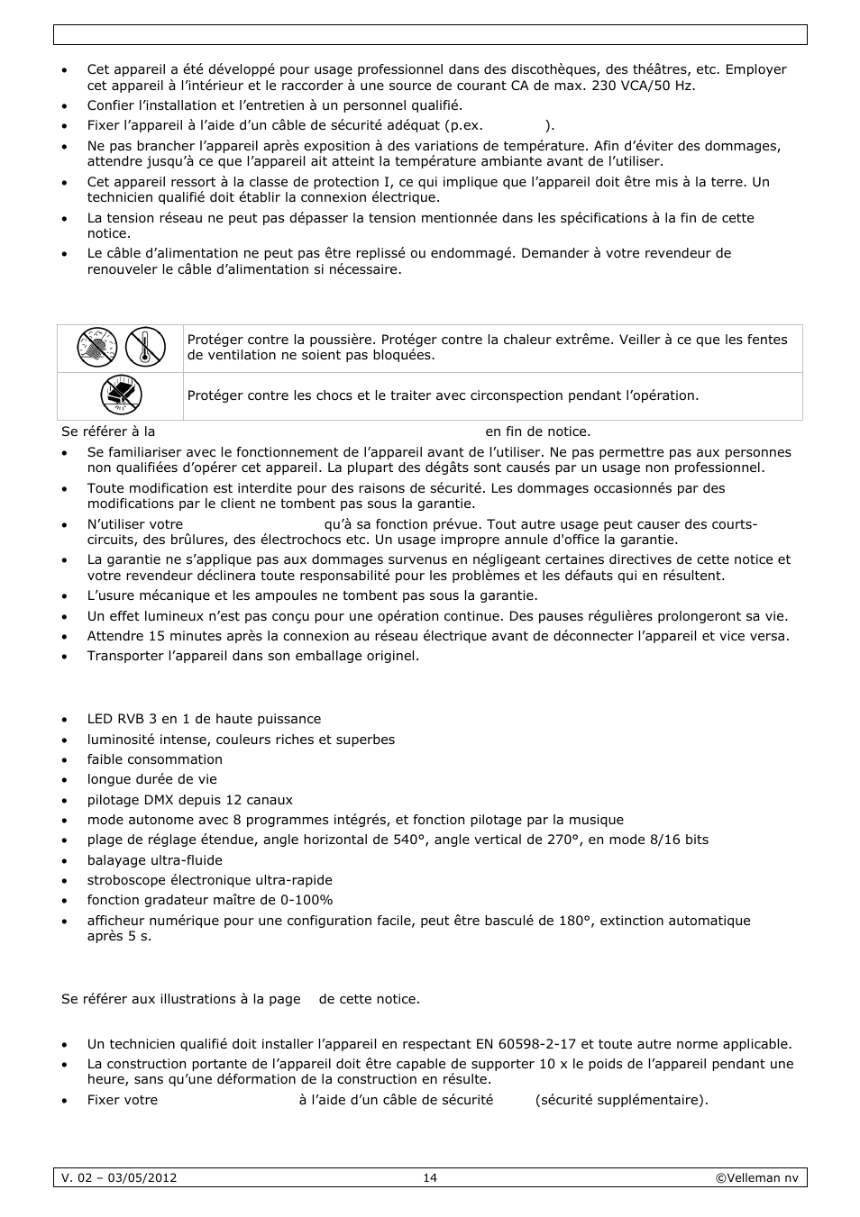 Directives générales, Caractéristiques, Installation | Velleman VDPL1503MHW12 User Manual | Page 14 / 28