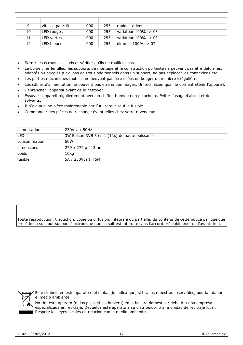 Anual, L del u, Usuar | Netto, Spéc, Intro, Oyage et, Cification, Oducción, T entretie | Velleman VDPL1503MHW12 User Manual | Page 17 / 28