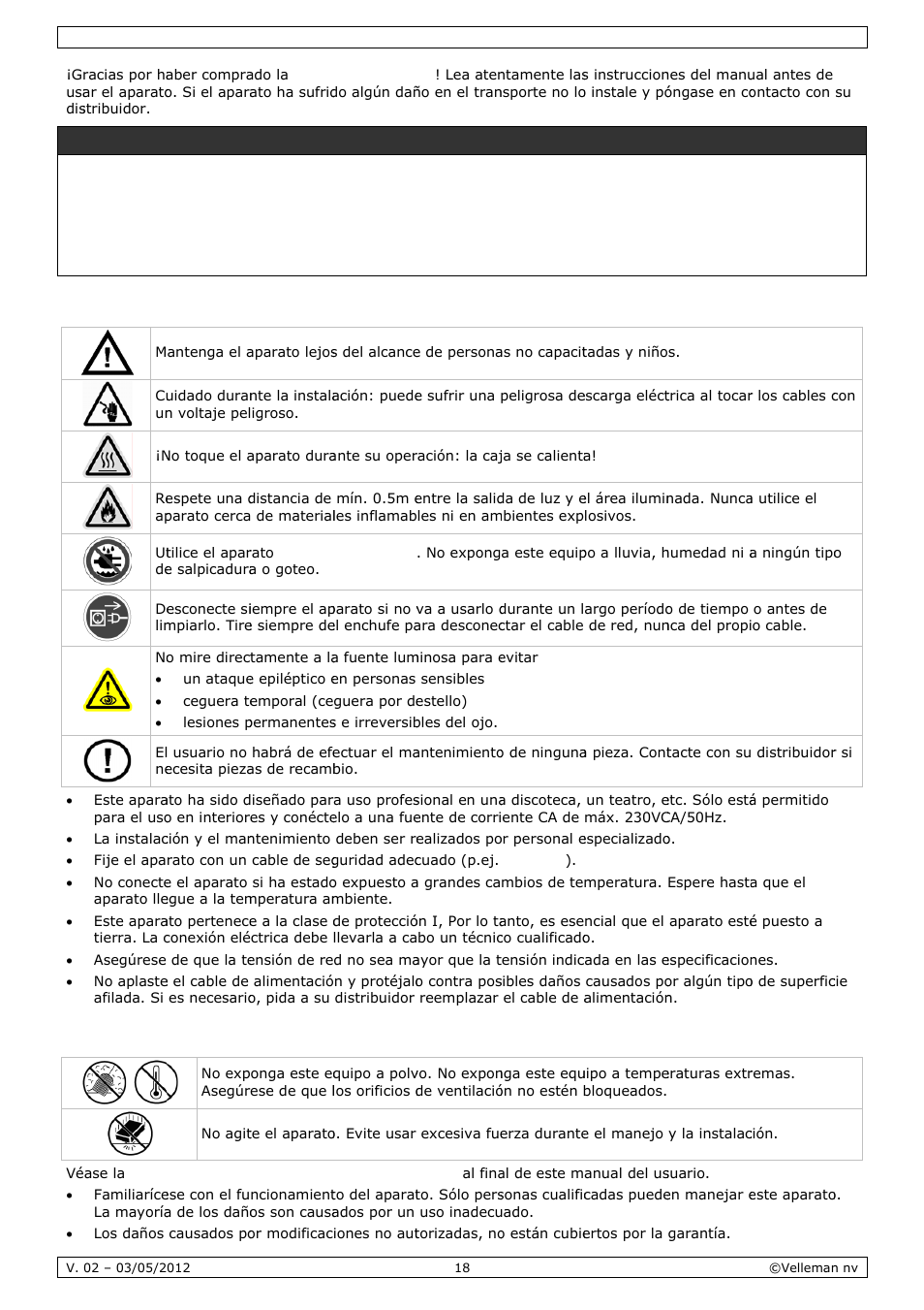 Manual del usuario, Instr, Norm | Ruccione, Mas gene, S de seg, Erales, Dverten, Guridad, Ncia imp | Velleman VDPL1503MHW12 User Manual | Page 18 / 28