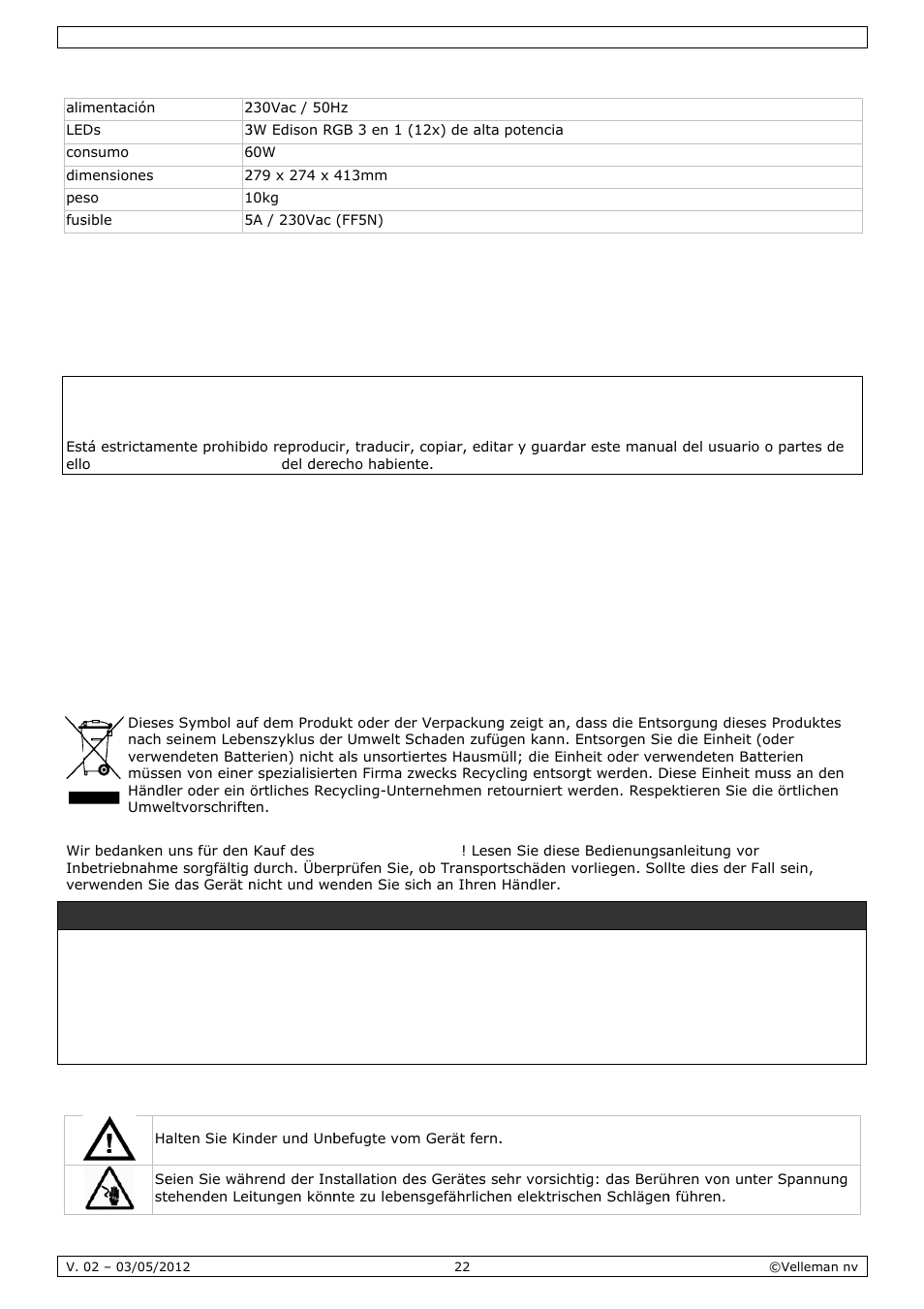 Bedienungsanleitung, Dienun, Ngsan | Nleitu, Espe, Einfü, Siche, Ecificacio, Ührung, Erheitsh | Velleman VDPL1503MHW12 User Manual | Page 22 / 28
