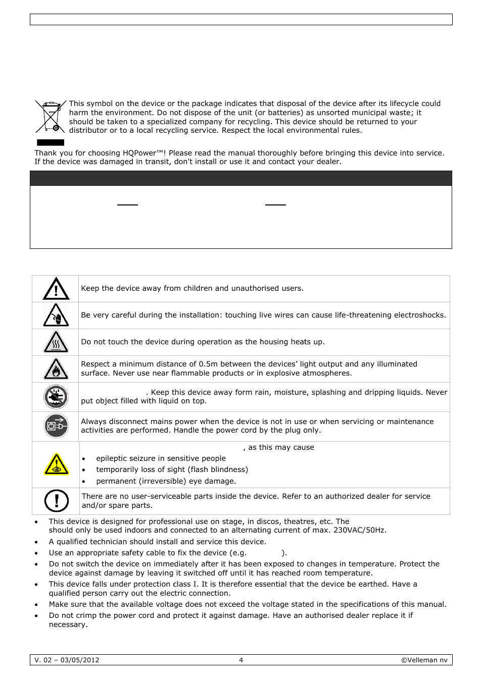 User manual, R man, Nual | Intro, Safet, Oduction, Ty instru, Uctions, Portant, T safety | Velleman VDPL1503MHW12 User Manual | Page 4 / 28