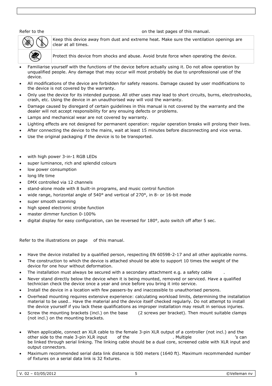 General guidelines, Features, Installation | Velleman VDPL1503MHW12 User Manual | Page 5 / 28