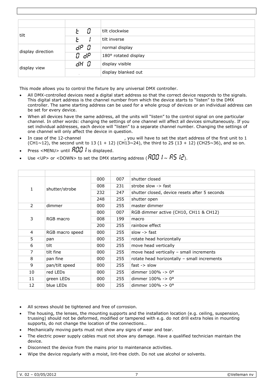 Clean, Ning and, D mainte | Nance | Velleman VDPL1503MHW12 User Manual | Page 7 / 28