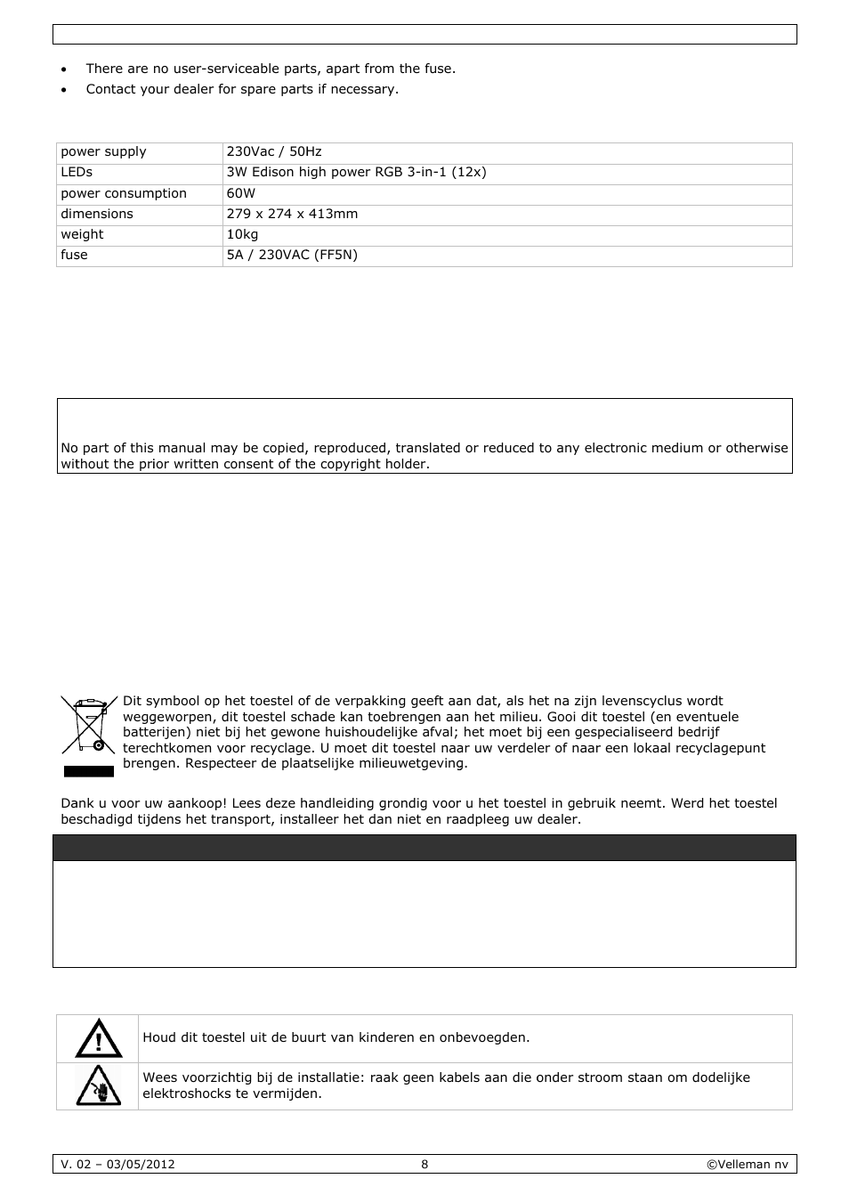Gebruikershandleiding, Gebr, Ruiker | Rshan, Ndleid, Tech, Inlei, Veilig, Nical spe, Ding | Velleman VDPL1503MHW12 User Manual | Page 8 / 28