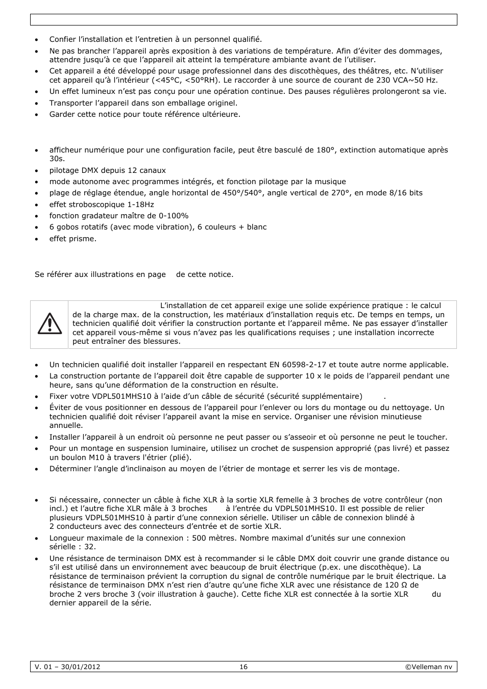 Caractéristiques, Installation | Velleman VDPL501MHS10 User Manual | Page 16 / 32