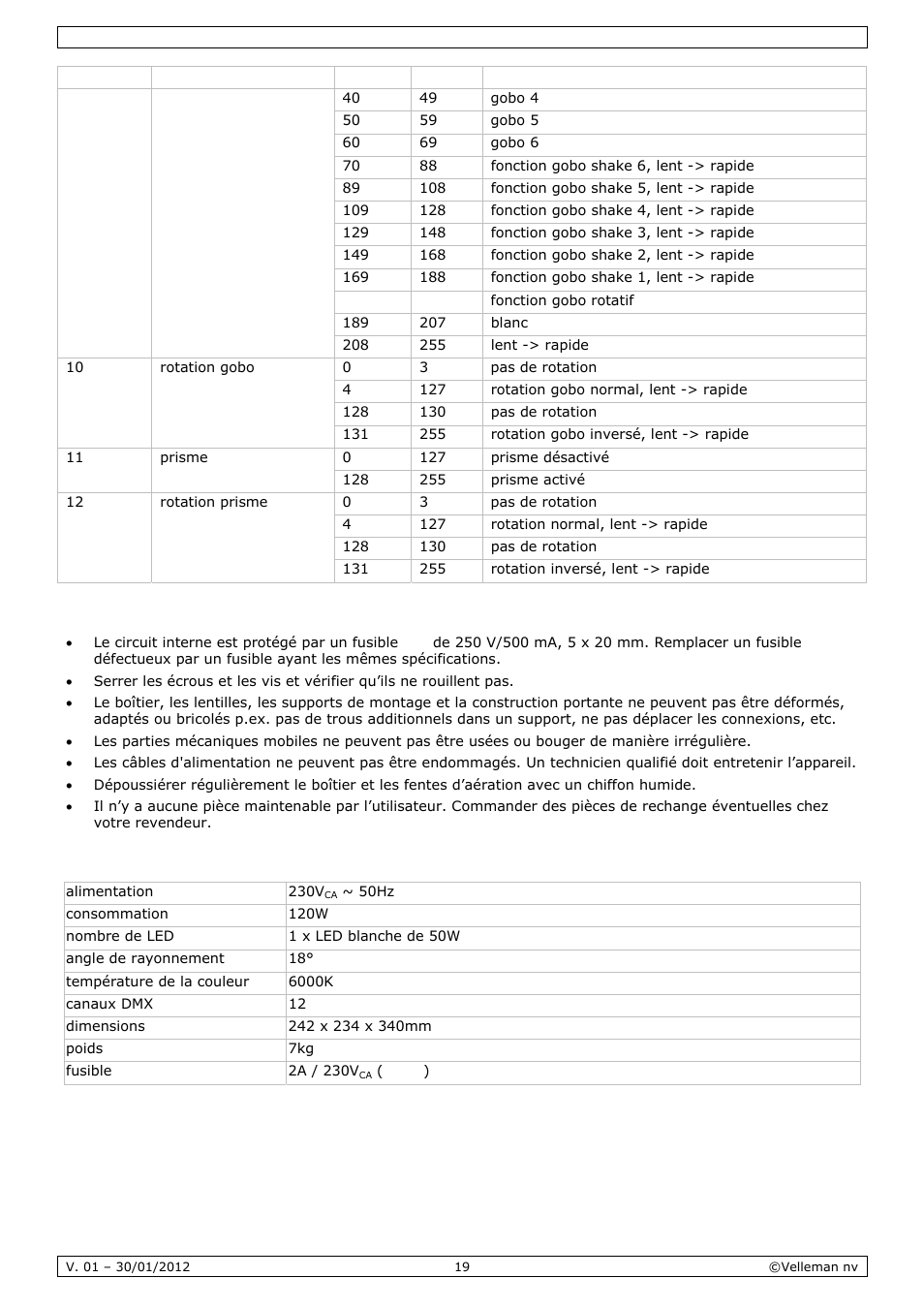 Nettoyage et entretien, Spécifications techniques | Velleman VDPL501MHS10 User Manual | Page 19 / 32