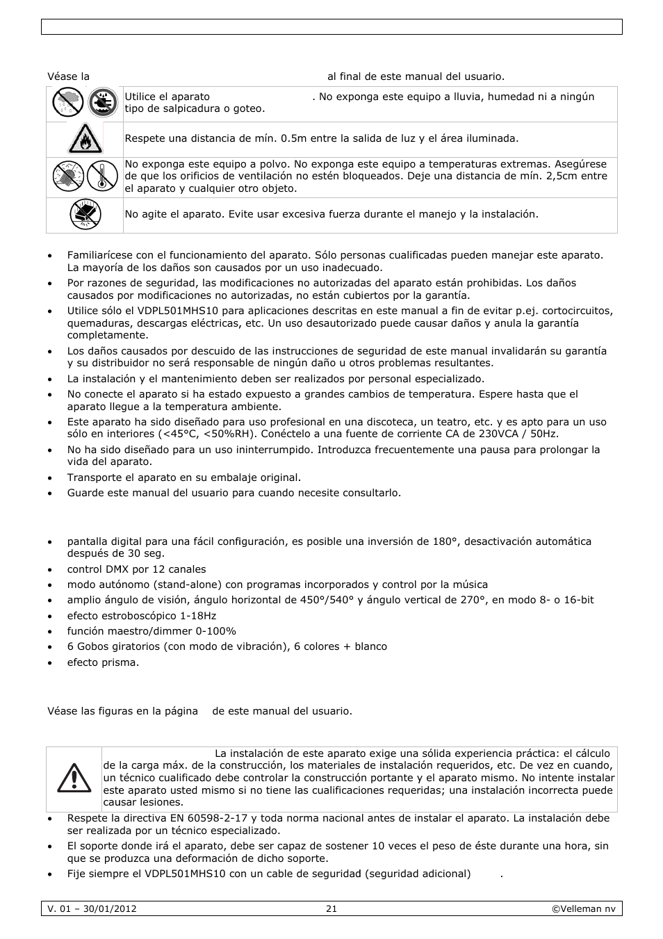 Normas, Caracte, Instala | S genera, Erísticas, Ción, Ales | Velleman VDPL501MHS10 User Manual | Page 21 / 32