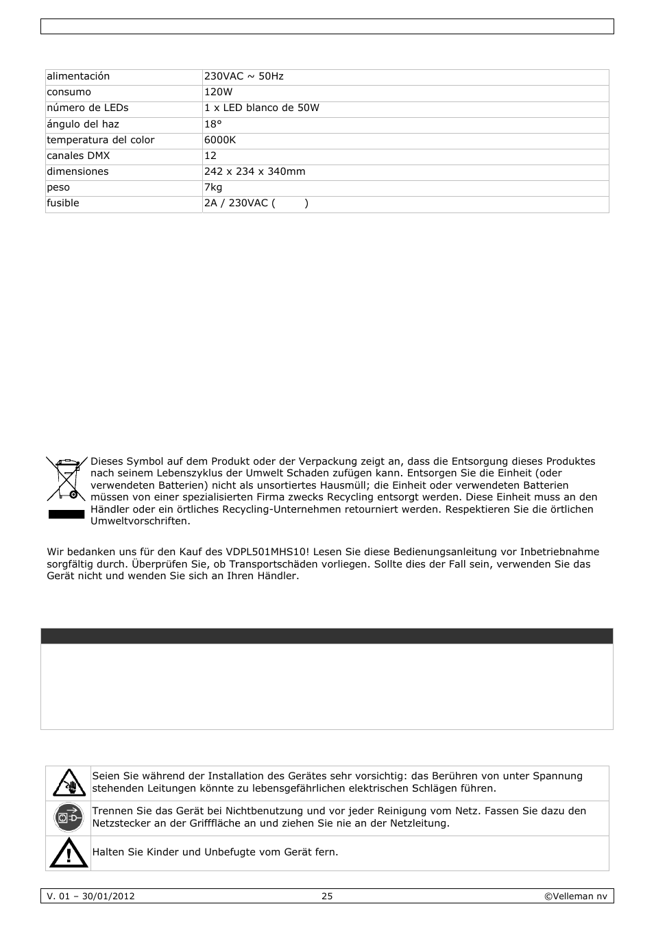 Bedienungsanleitung, Dienun, Ngsan | Nleitu, Especif, Einführ, Sicherh, Ficacione, Rung, Heitshinw | Velleman VDPL501MHS10 User Manual | Page 25 / 32
