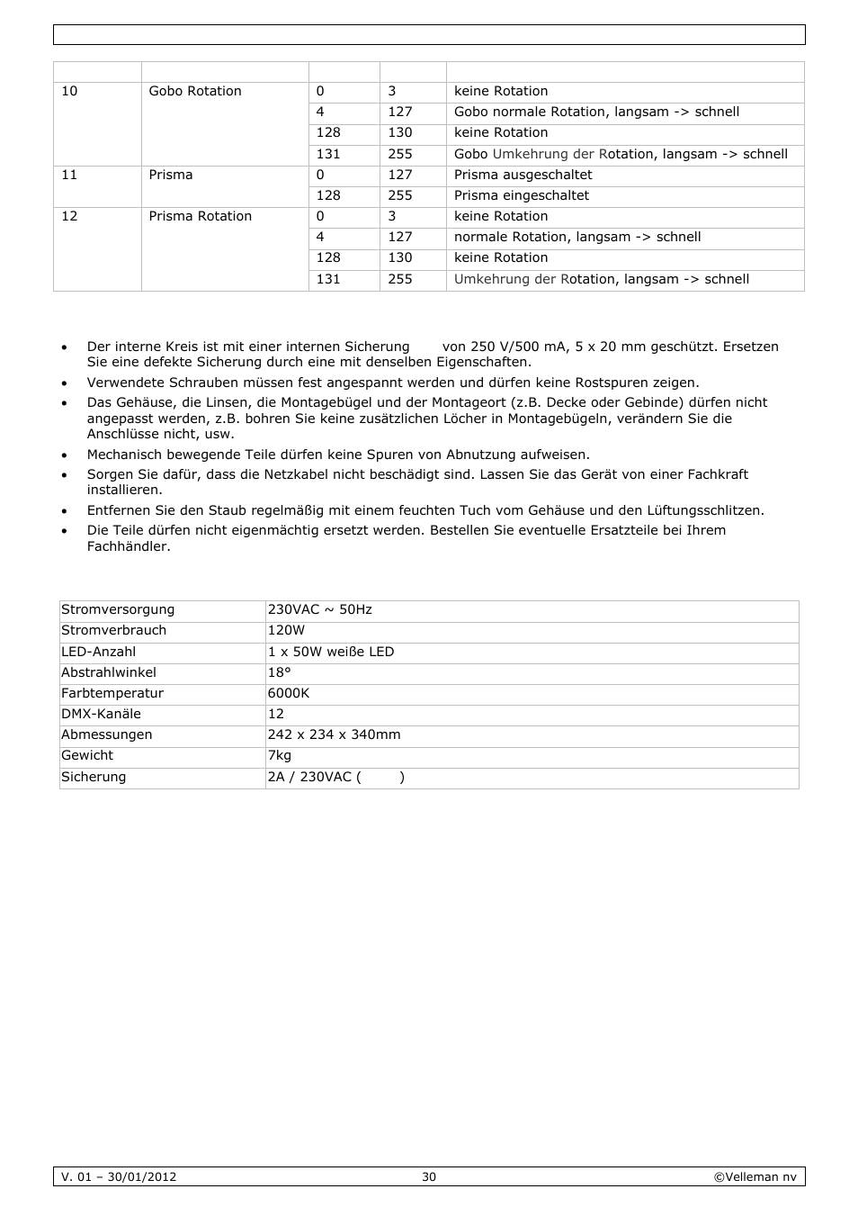 Reinigung und wartung, Technische daten | Velleman VDPL501MHS10 User Manual | Page 30 / 32