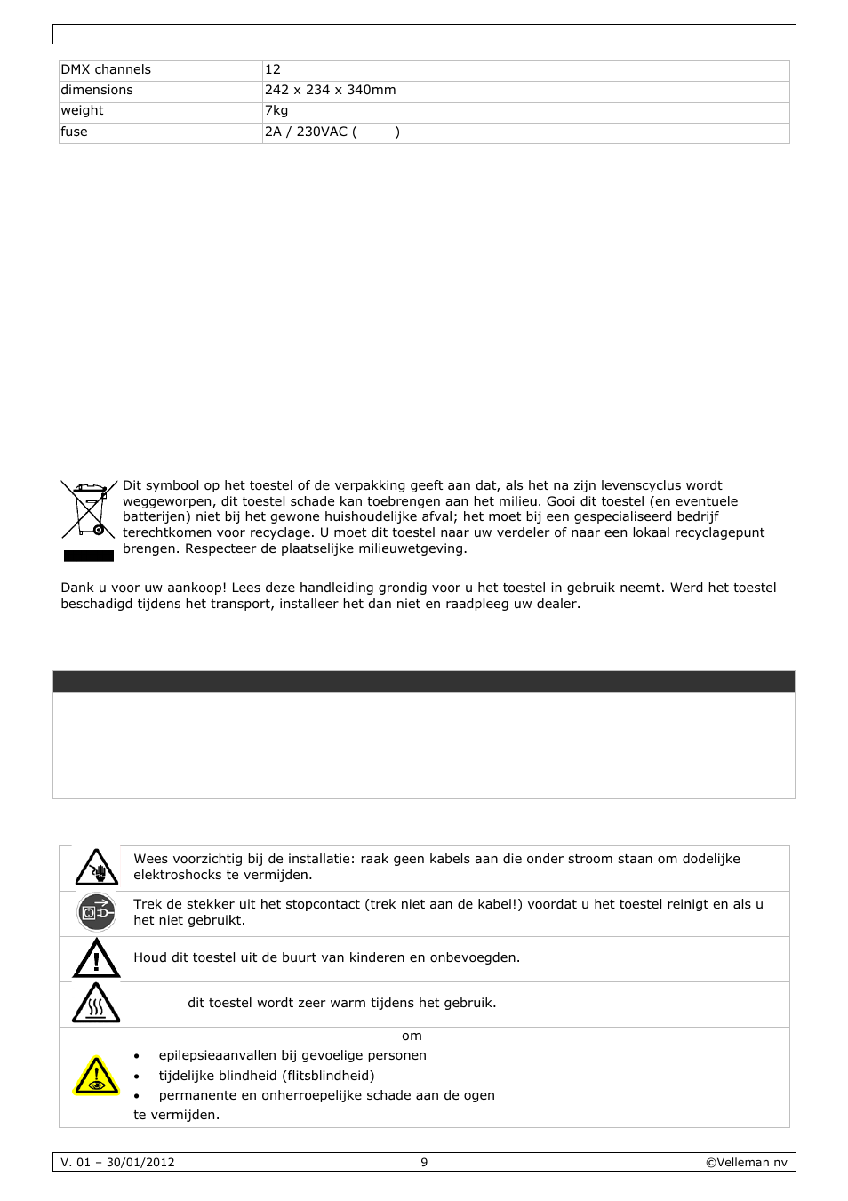 Gebruikershandleiding, Ebruike, Ershan | Ndleidi, Inleidin, Veilighe, Eidsinstr, Ructies | Velleman VDPL501MHS10 User Manual | Page 9 / 32