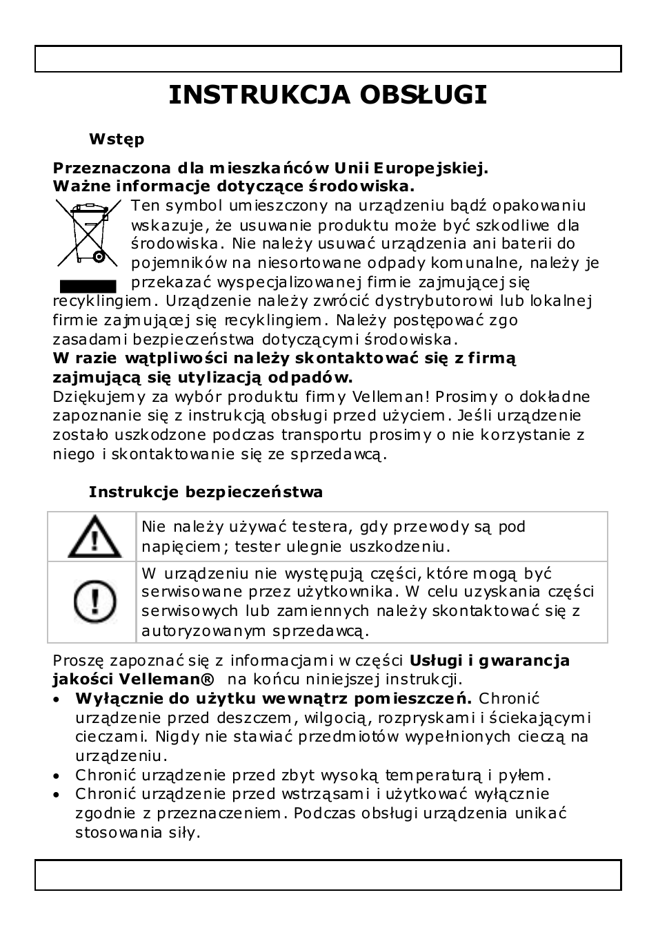 Instrukcja obsługi, Wstęp, Instrukcje bezpieczeństwa | Velleman VTLAN7 User Manual | Page 45 / 58