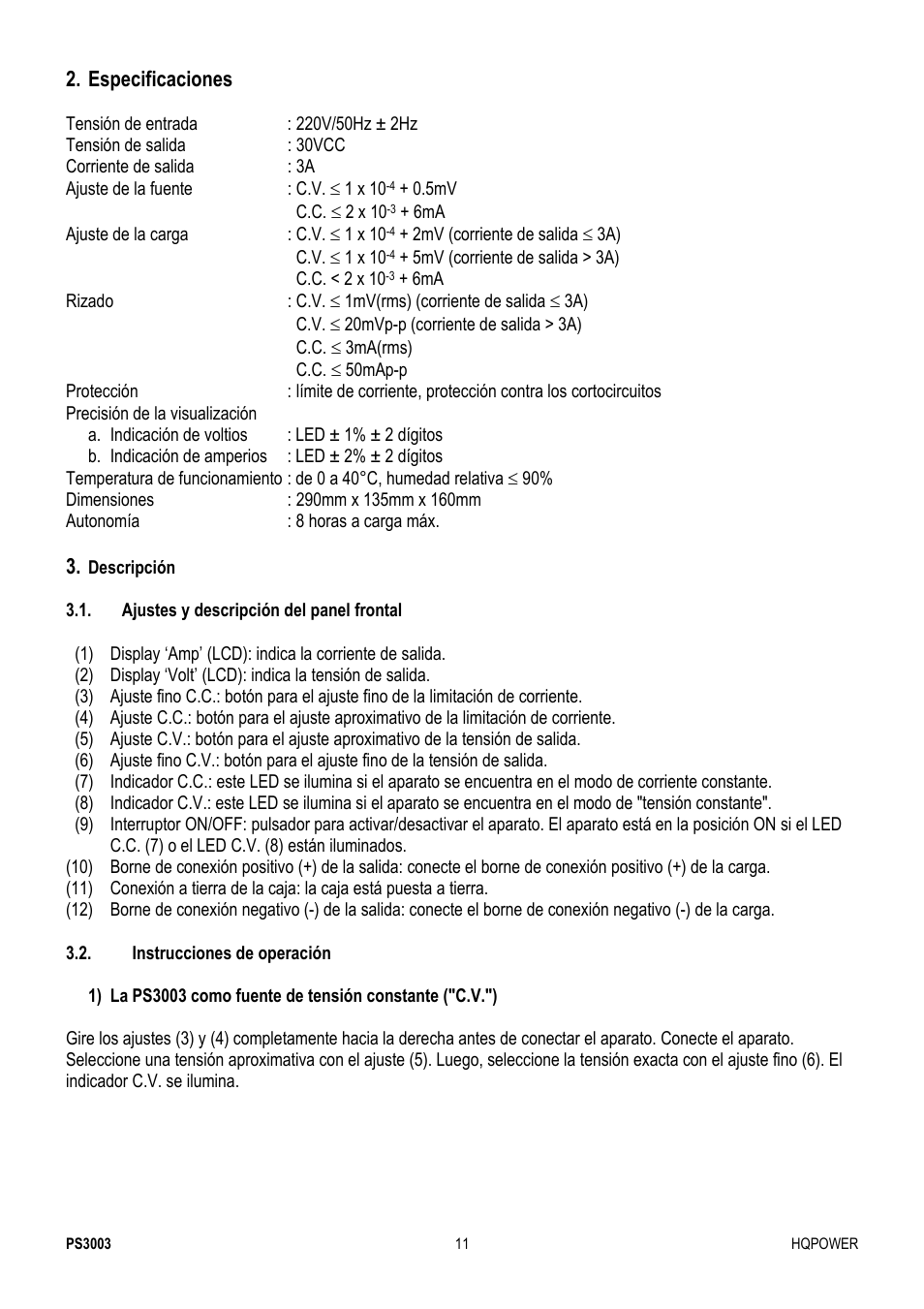 Especificaciones | Velleman PS3003 User Manual | Page 11 / 20