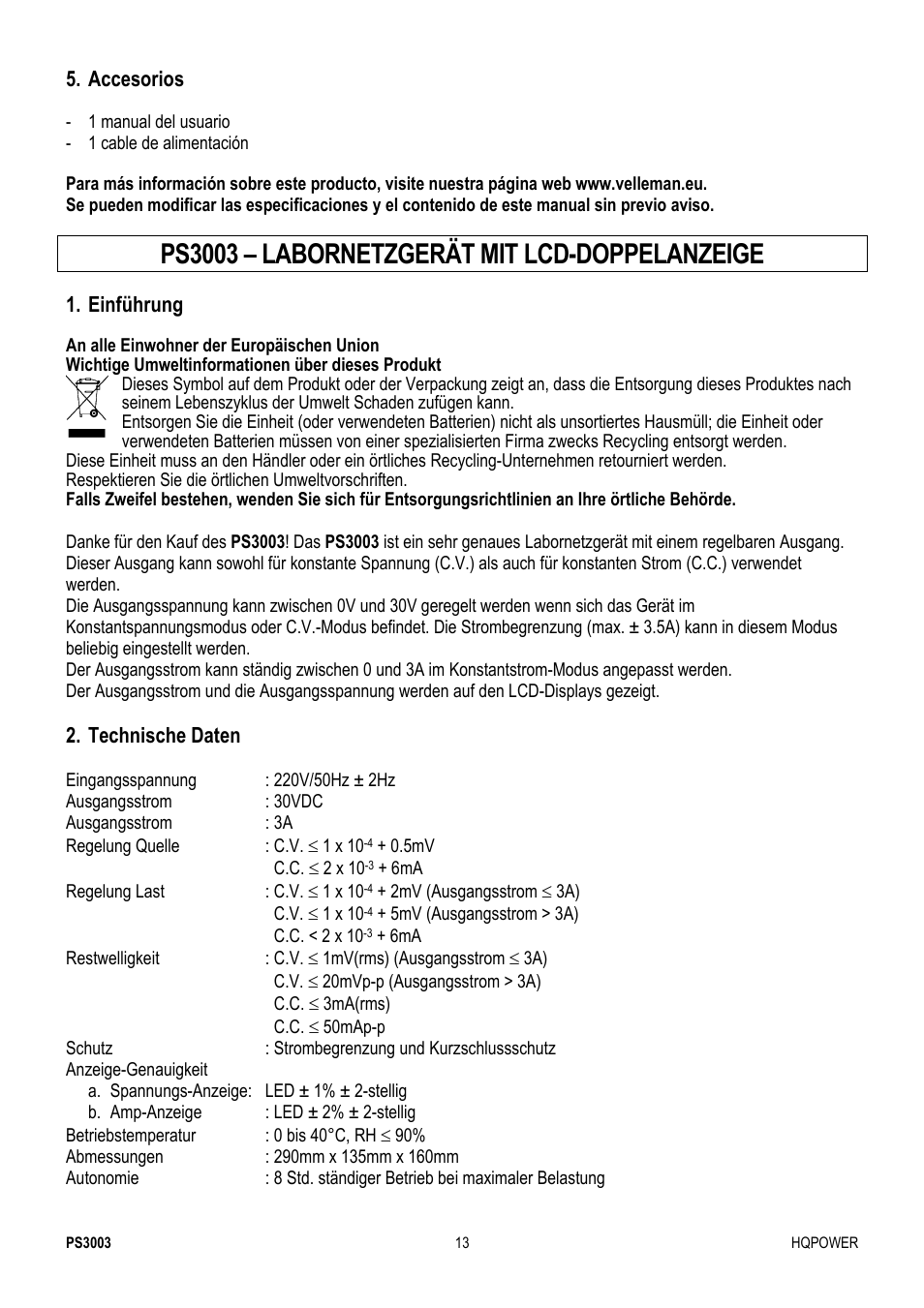 Ps3003 – labornetzgerät mit lcd-doppelanzeige, Accesorios, Einführung | Technische daten | Velleman PS3003 User Manual | Page 13 / 20