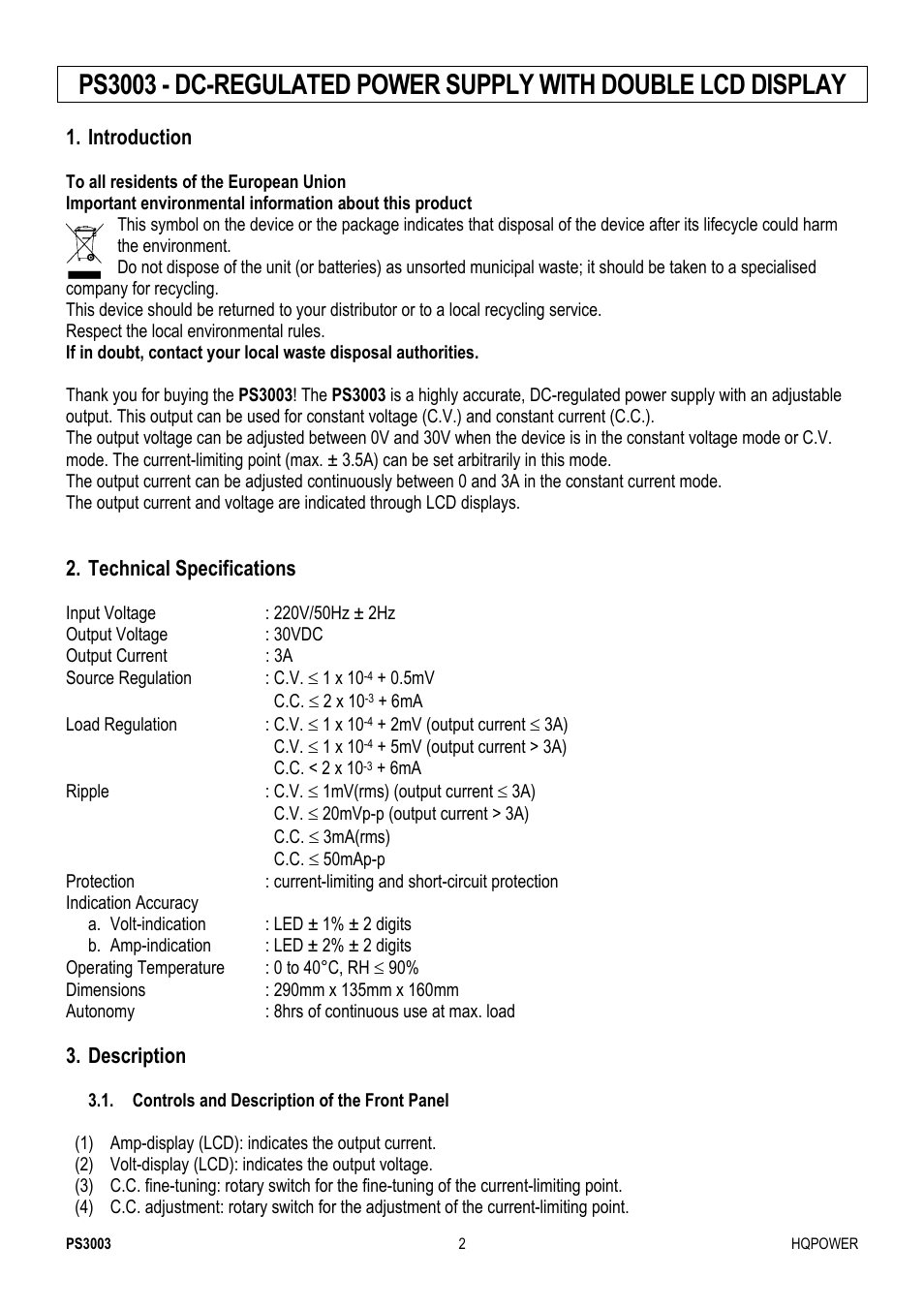 Velleman PS3003 User Manual | Page 2 / 20