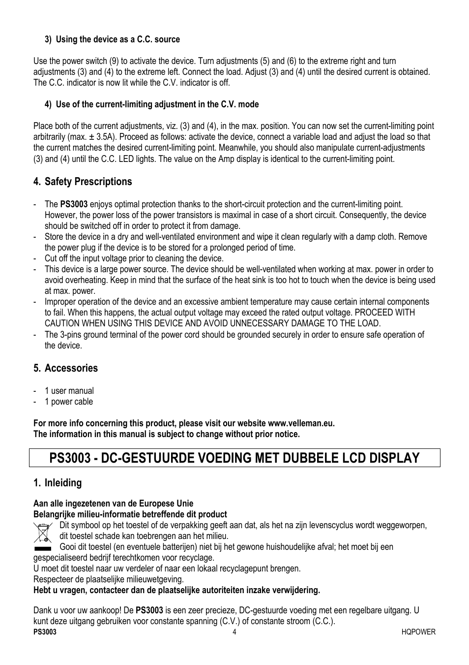 Velleman PS3003 User Manual | Page 4 / 20