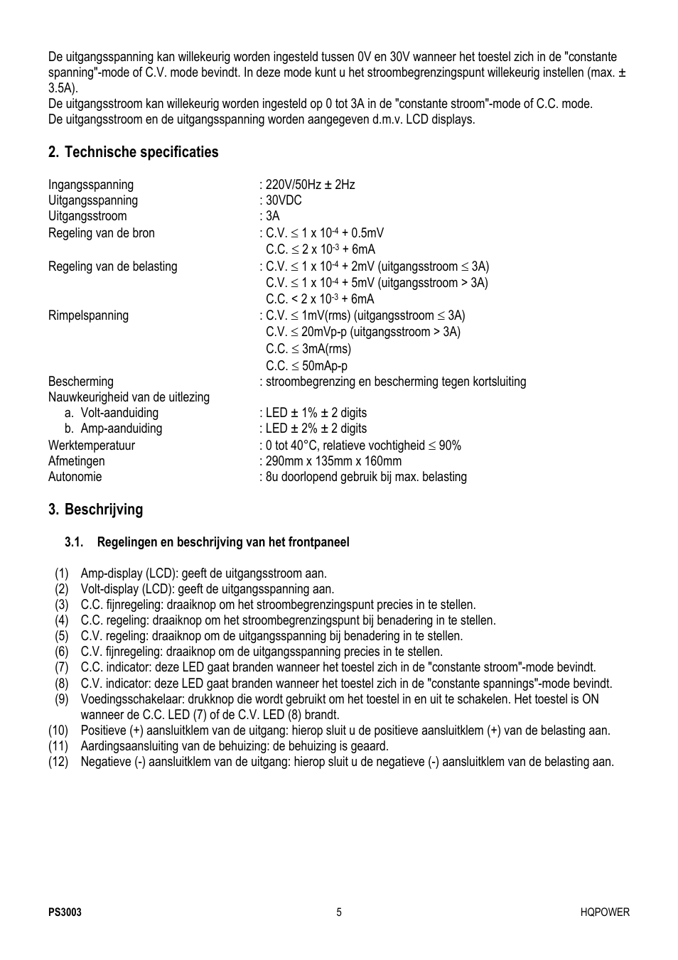 Technische specificaties, Beschrijving | Velleman PS3003 User Manual | Page 5 / 20