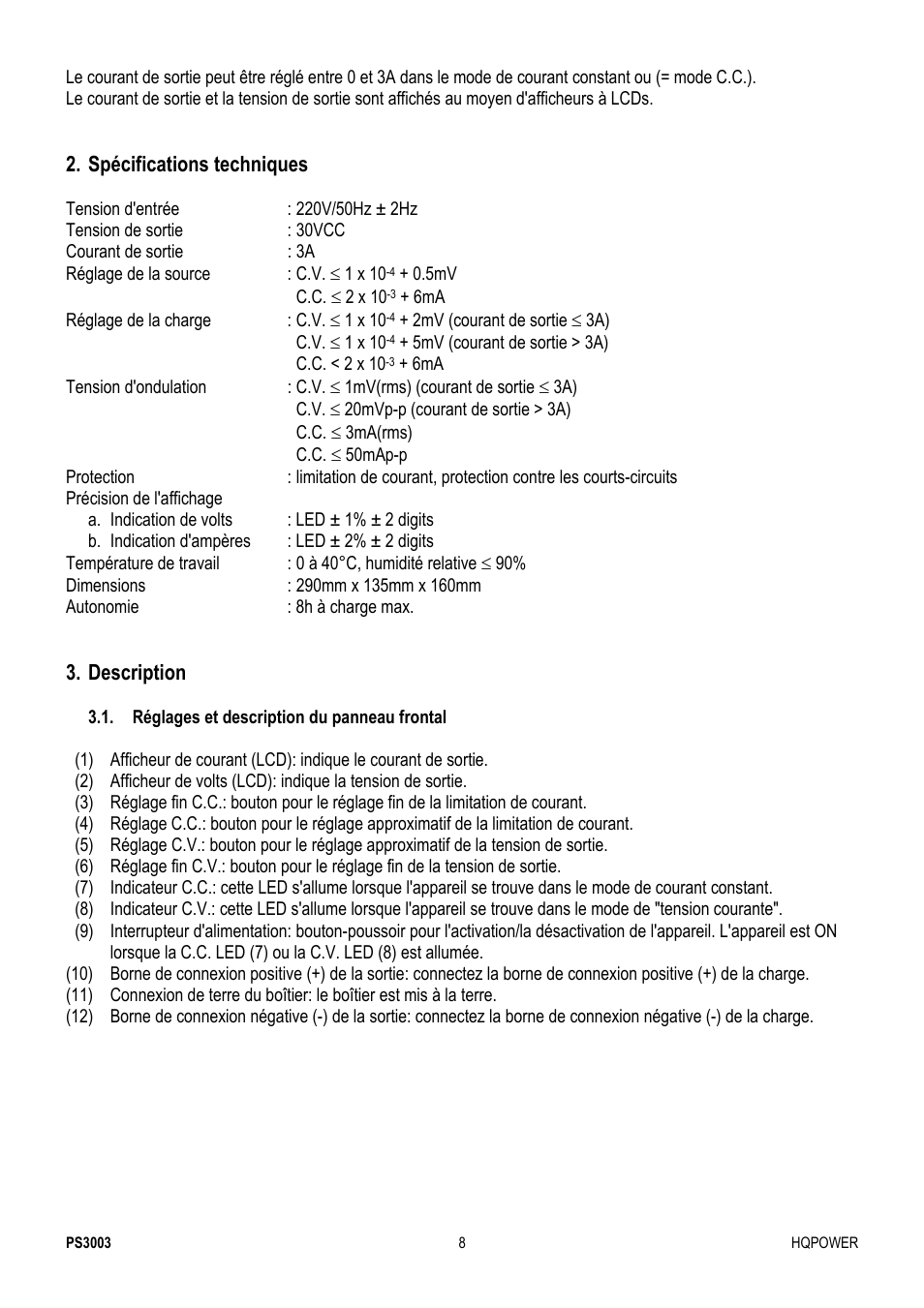 Spécifications techniques, Description | Velleman PS3003 User Manual | Page 8 / 20
