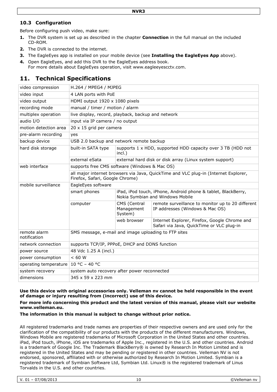 3 configuration, Technical specifications | Velleman NVR3 User Manual | Page 10 / 48