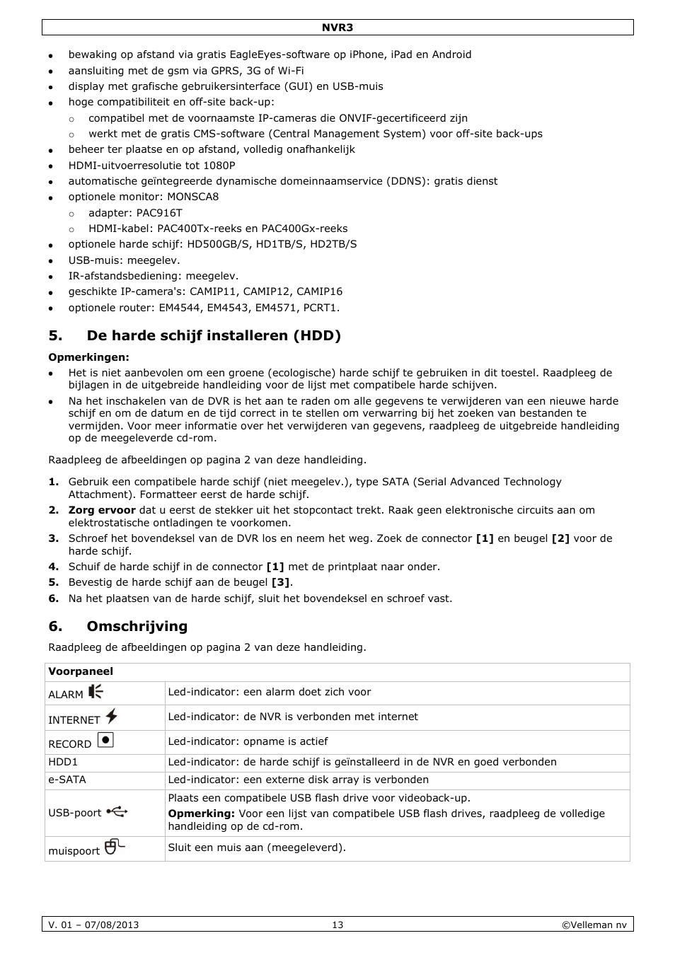 De harde schijf installeren (hdd), Omschrijving | Velleman NVR3 User Manual | Page 13 / 48