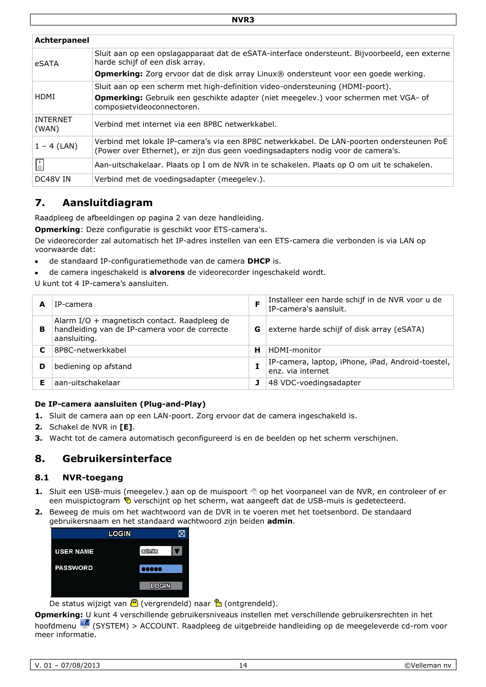 Aansluitdiagram, De ip-camera aansluiten (plug-and-play), Gebruikersinterface | 1 nvr-toegang | Velleman NVR3 User Manual | Page 14 / 48