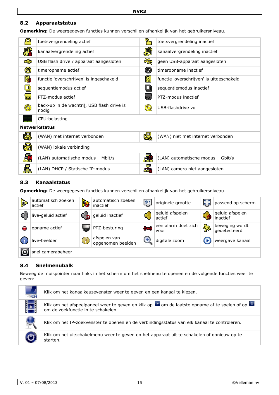2 apparaatstatus, 3 kanaalstatus, 4 snelmenubalk | Velleman NVR3 User Manual | Page 15 / 48