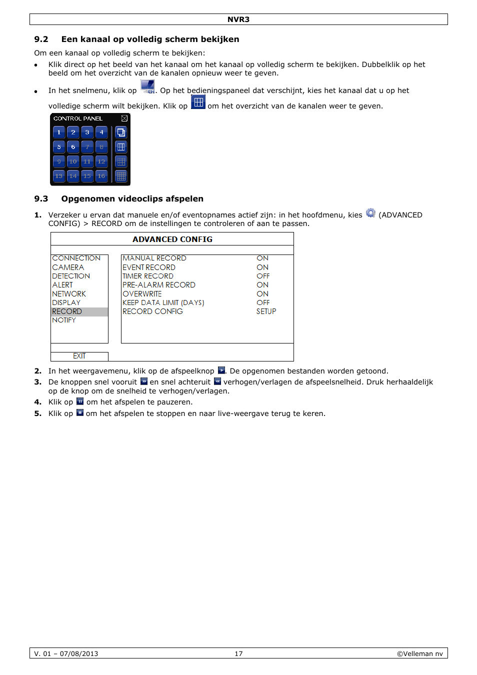 2 een kanaal op volledig scherm bekijken, 3 opgenomen videoclips afspelen | Velleman NVR3 User Manual | Page 17 / 48