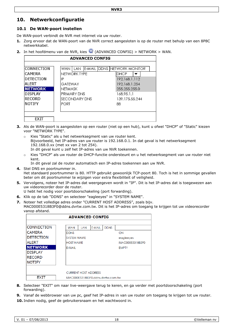 Netwerkconfiguratie, 1 de wan-poort instellen | Velleman NVR3 User Manual | Page 18 / 48