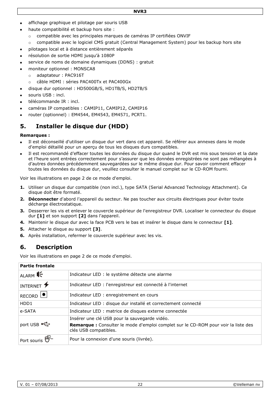 Installer le disque dur (hdd), Description | Velleman NVR3 User Manual | Page 22 / 48