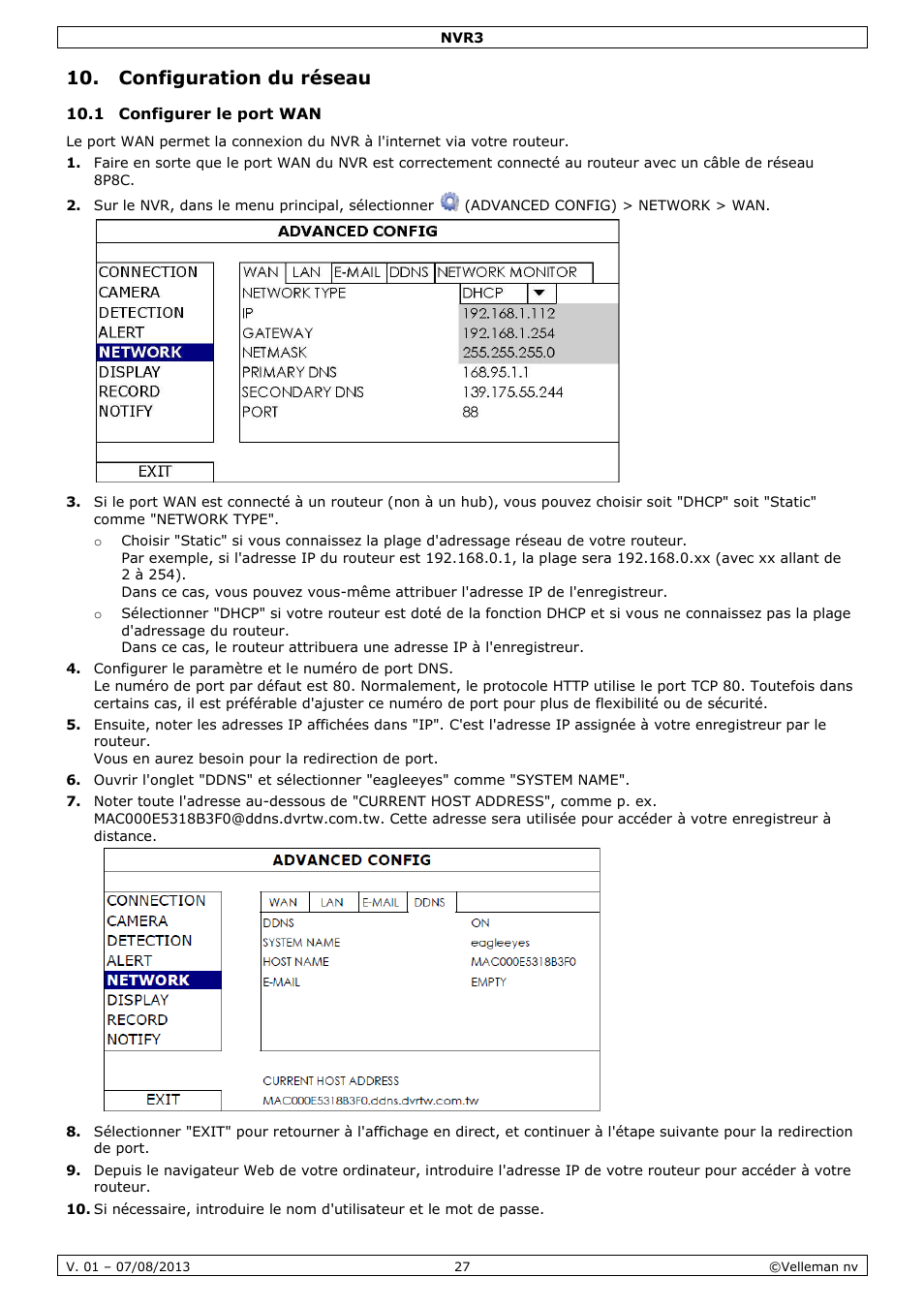 Configuration du réseau, 1 configurer le port wan | Velleman NVR3 User Manual | Page 27 / 48