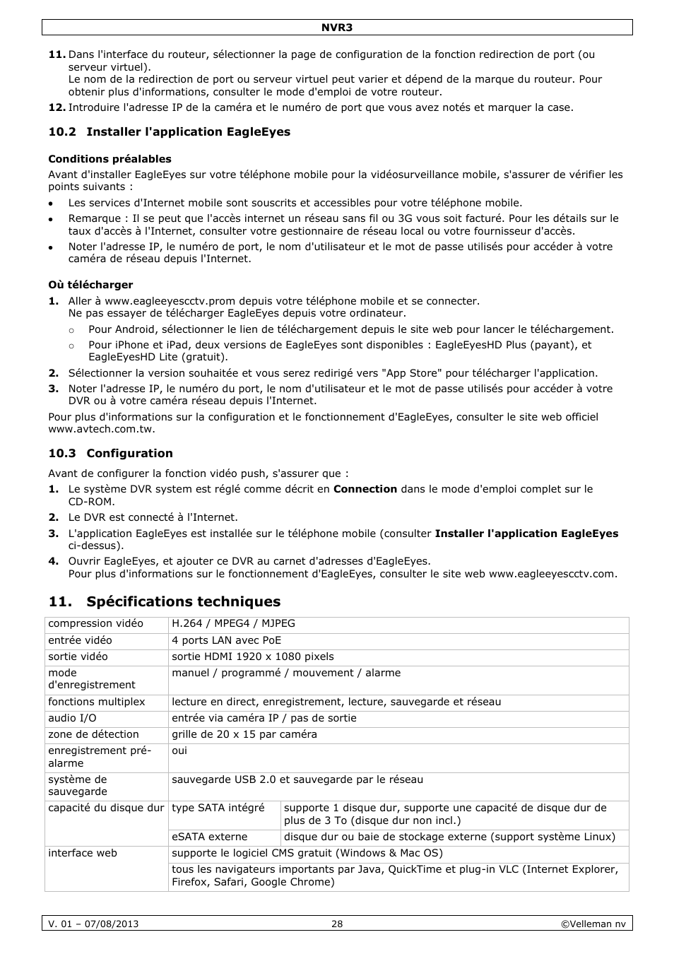 2 installer l'application eagleeyes, Conditions préalables, Où télécharger | 3 configuration, Spécifications techniques | Velleman NVR3 User Manual | Page 28 / 48