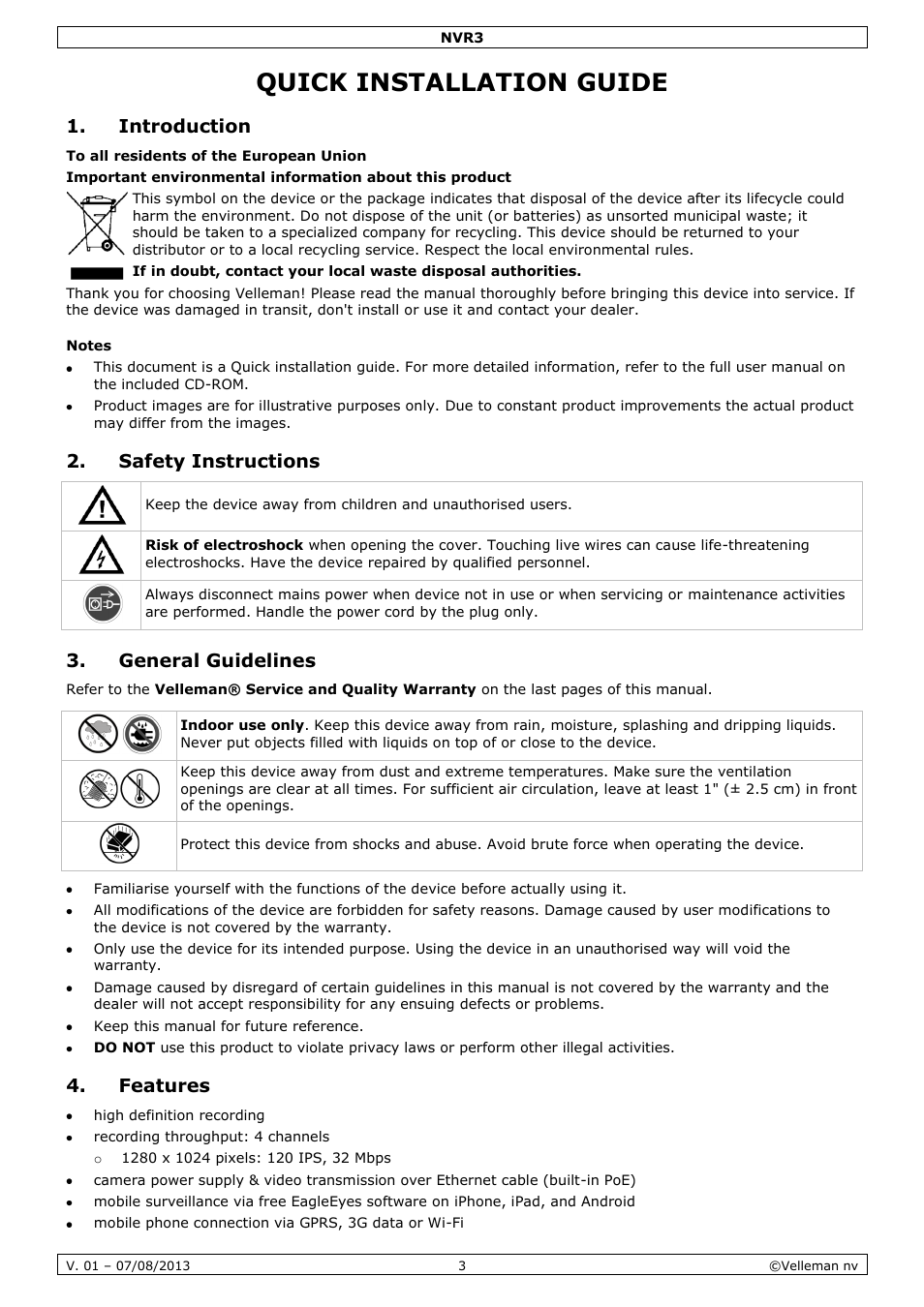 Quick installation guide, Introduction, Notes | Safety instructions, General guidelines, Features | Velleman NVR3 User Manual | Page 3 / 48