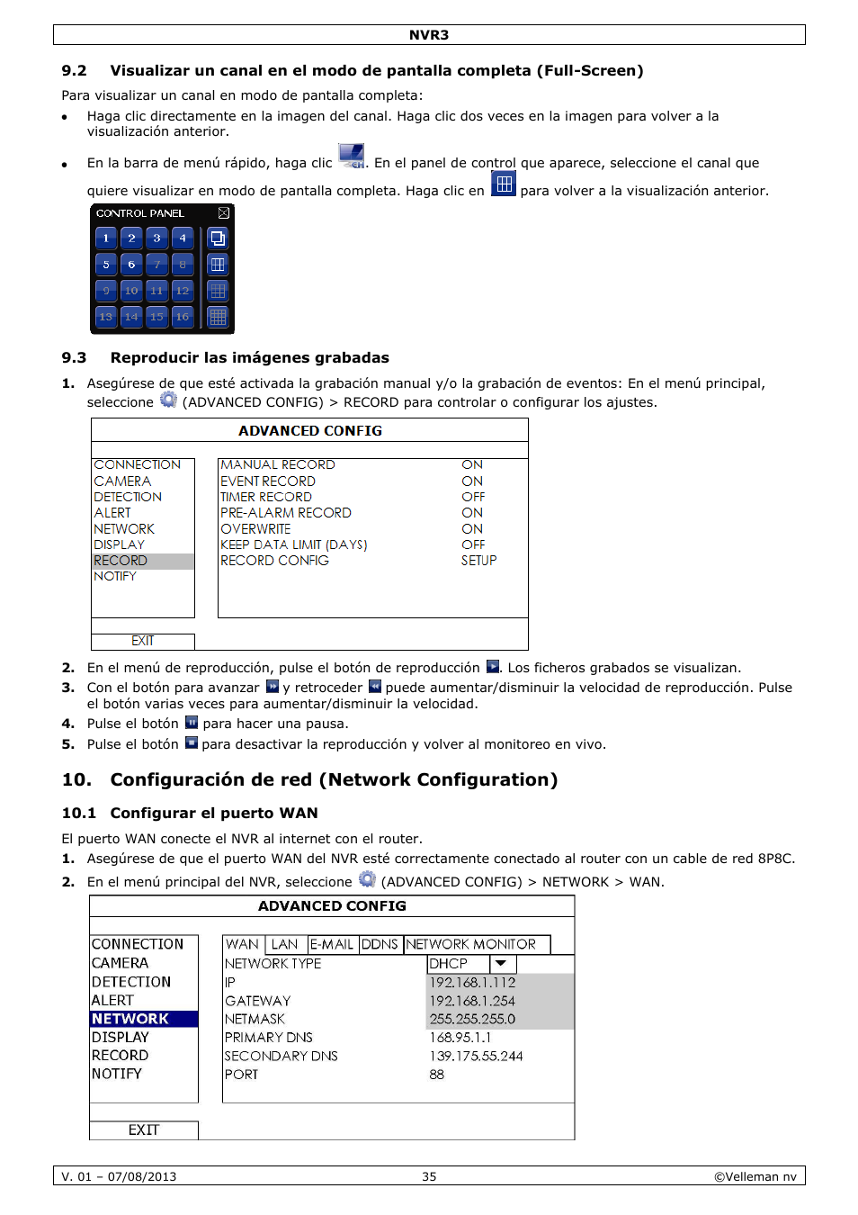 3 reproducir las imágenes grabadas, Configuración de red (network configuration), 1 configurar el puerto wan | Velleman NVR3 User Manual | Page 35 / 48