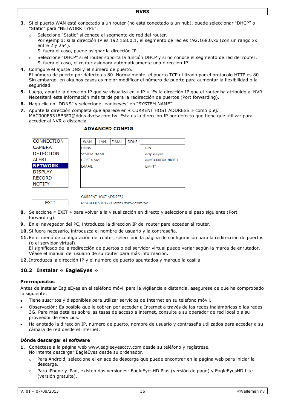 2 instalar « eagleeyes, Prerrequisitos, Dónde descargar el software | Velleman NVR3 User Manual | Page 36 / 48