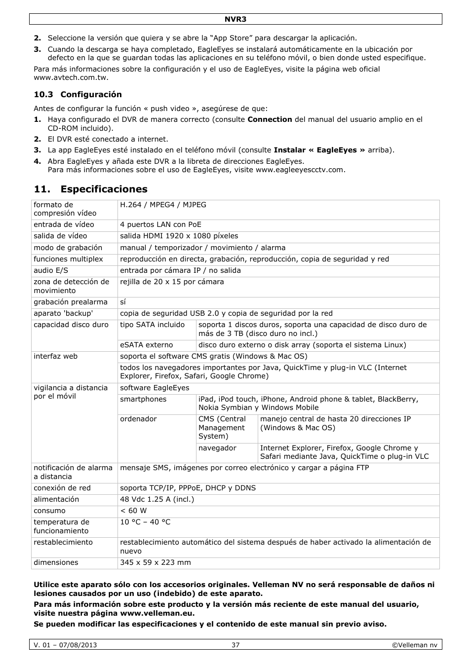 3 configuración, Especificaciones | Velleman NVR3 User Manual | Page 37 / 48