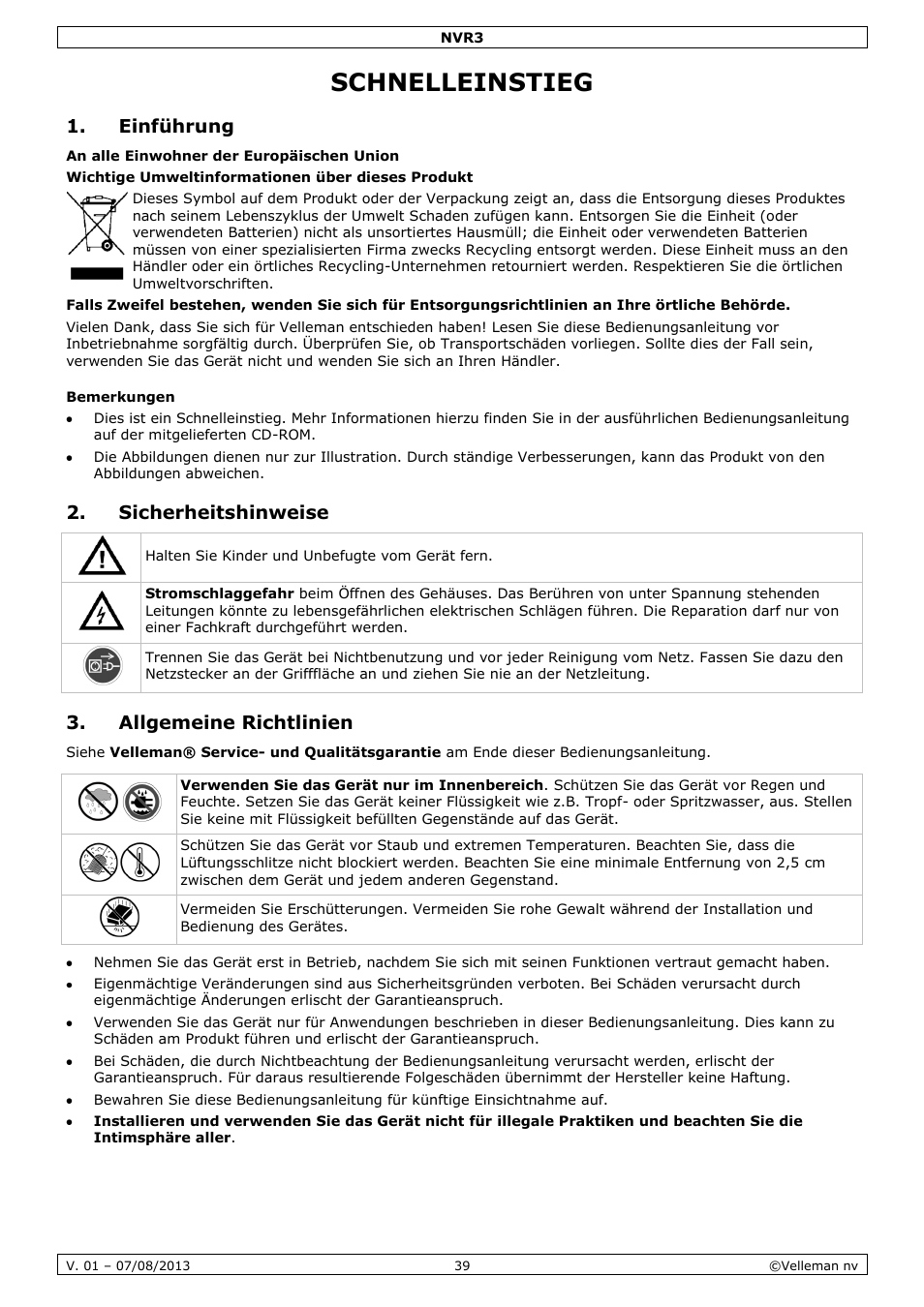 Schnelleinstieg, Einführung, Bemerkungen | Sicherheitshinweise, Allgemeine richtlinien | Velleman NVR3 User Manual | Page 39 / 48