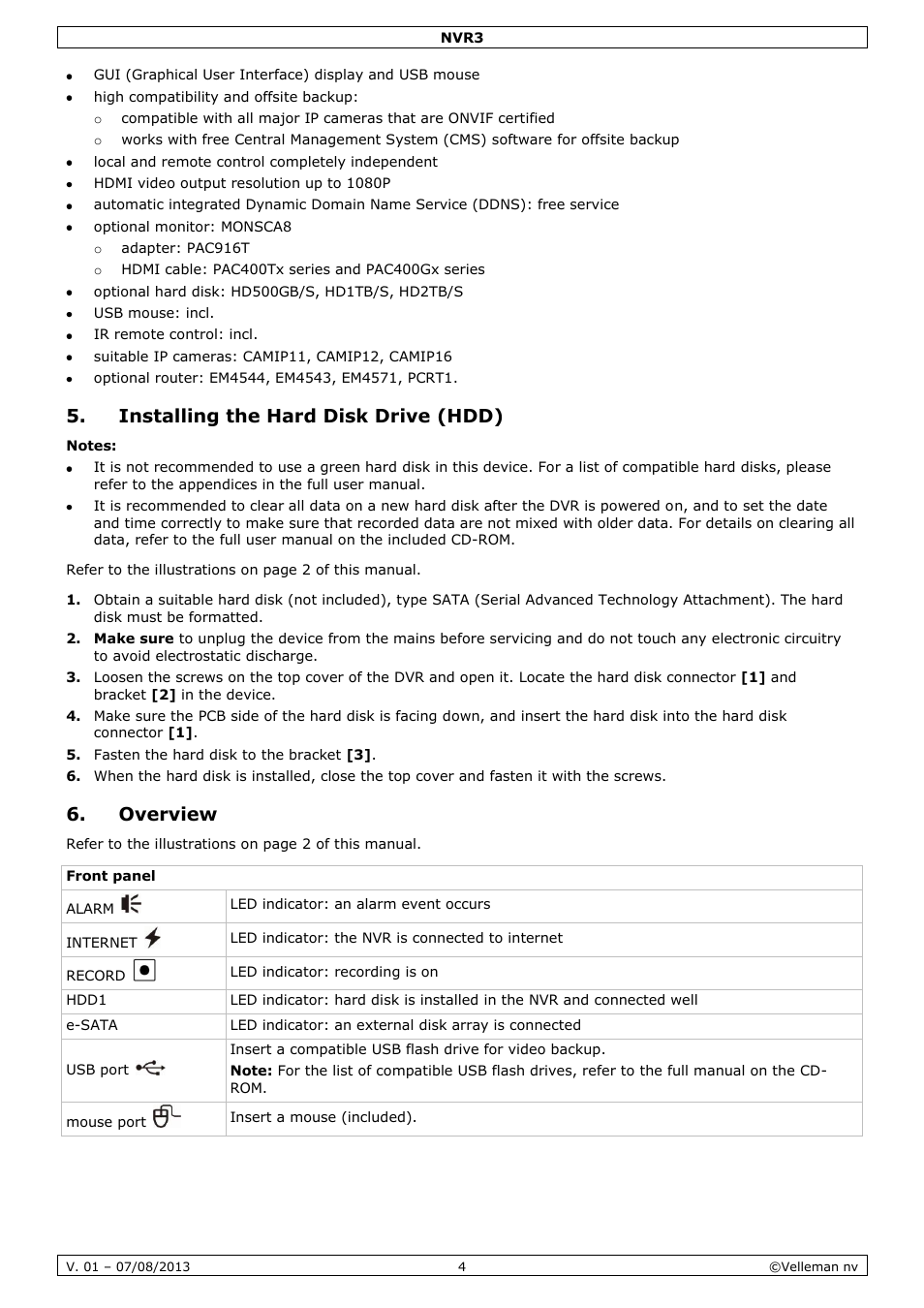 Installing the hard disk drive (hdd), Overview | Velleman NVR3 User Manual | Page 4 / 48