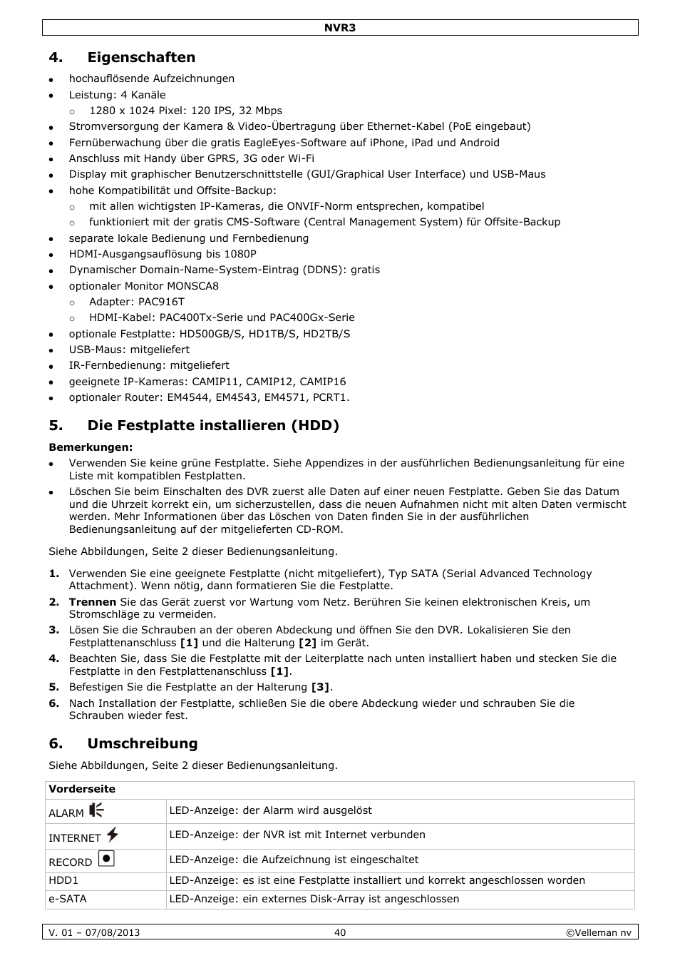 Eigenschaften, Die festplatte installieren (hdd), Umschreibung | Velleman NVR3 User Manual | Page 40 / 48