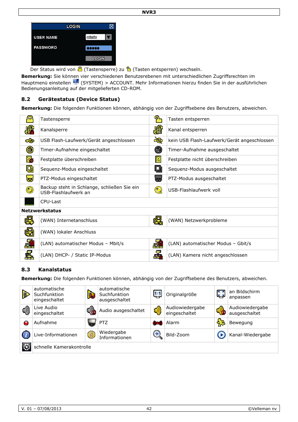 2 gerätestatus (device status), 3 kanalstatus | Velleman NVR3 User Manual | Page 42 / 48