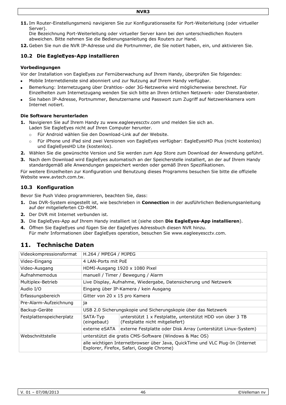 2 die eagleeyes-app installieren, Vorbedingungen, Die software herunterladen | 3 konfiguration, Technische daten | Velleman NVR3 User Manual | Page 46 / 48