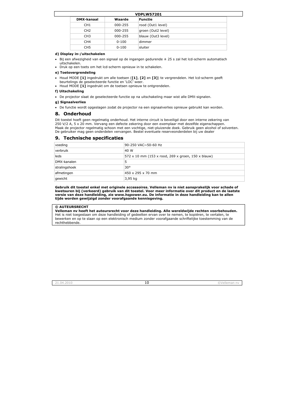 Onderhoud, Technische specificaties | Velleman VDPLW57201 User Manual | Page 10 / 24