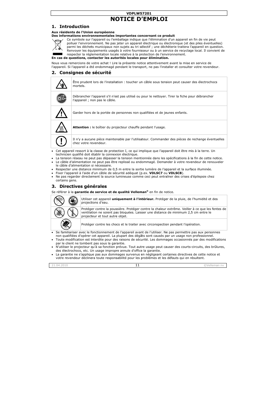 Otice d, Emploi, Troduction | Nsignes de, Rectives gén, Sécurité, Nérales | Velleman VDPLW57201 User Manual | Page 11 / 24